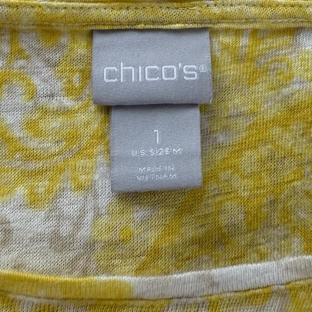 Chicos Top Shirt Womens Medium 1 Yellow White Boho Floral Fringe Petal Sleeves - Picture 5 of 8